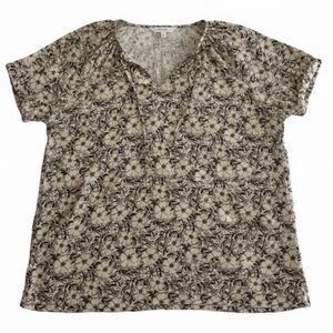 Grand & Greene White Floral Tie-Neck Blouse Size 12 | Short Ruffle Sleeves